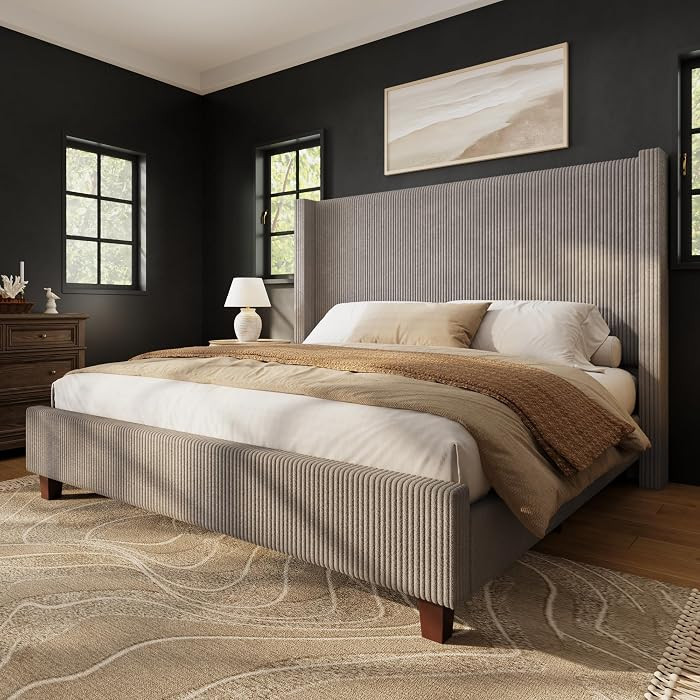 HOWE King Size Bed Frame with 50.8 Inch Corduroy Wingback Headboard, Taupe | Amazon (US)