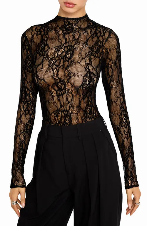 Good American Sheer Lace Mock Neck Long Sleeve Bodysuit in Black001 at Nordstrom, Size Xx-Large | Nordstrom