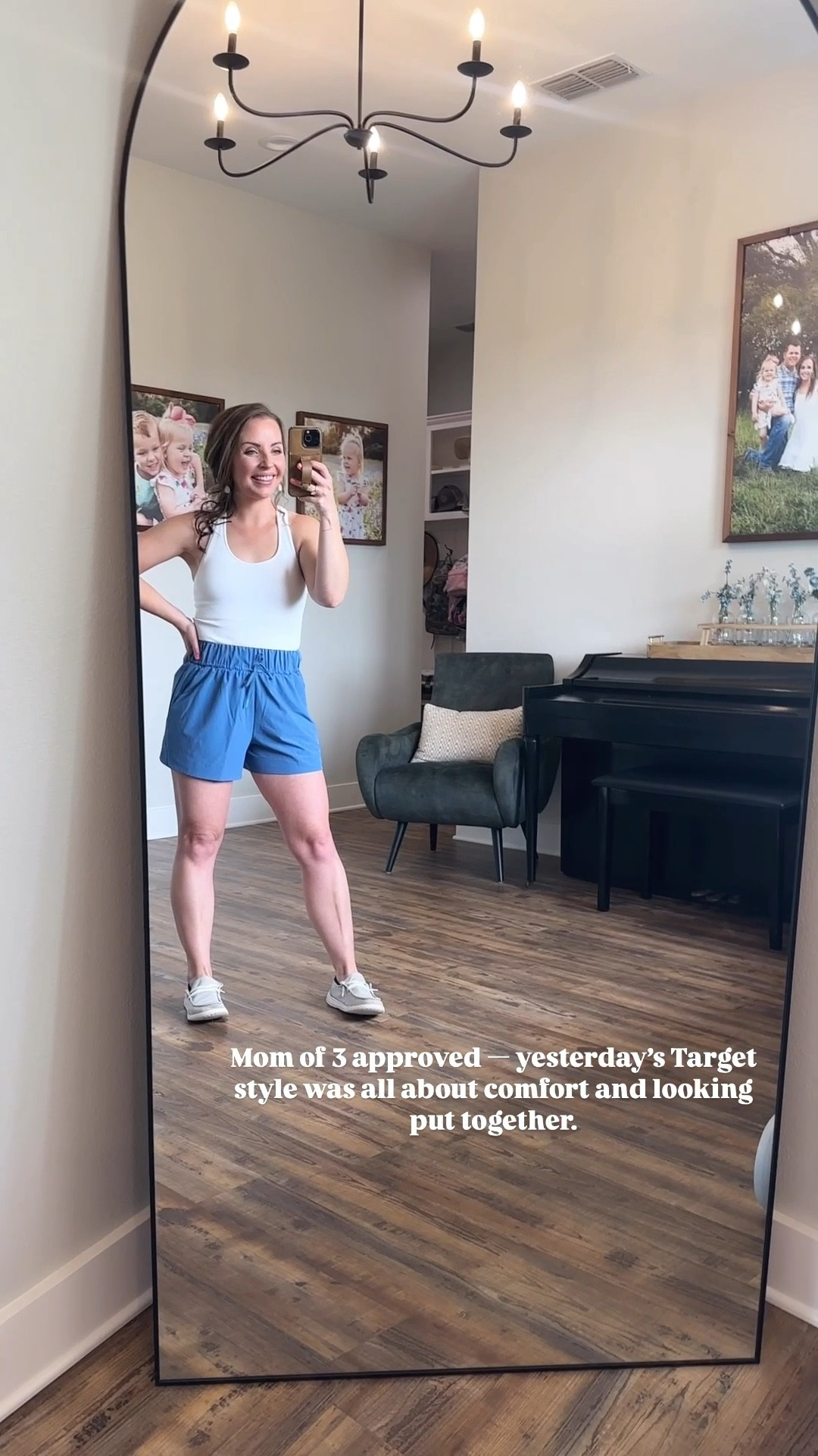 Target for the mom win, again!! Love feeling comfortable, yet looking cute.💙 

I’m 5’3” • 130lbs • size medium 

Top: Medium TTS - the quality of this racerback tank top is unmatched. It’s so comfortable and has a built in bra! I’d recommend grabbing these in more than one color. It is perfect to tuck into high waist shorts for a stylish outfit. 

Shorts: XS (size down as the material is flowy but still very cute and sliming. I usually wear a size small in Target All In Motion shorts). Love the high waist keeping everything tucked in. 🙌 
 