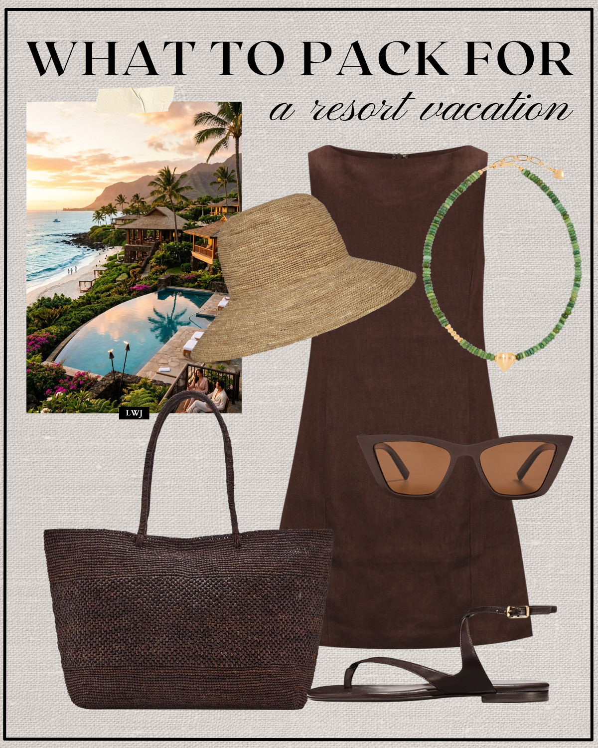 resort vacation outfit 

travel outfit / beach outfit / summer vacation / shift dress / spring dress / summer dress / straw hat / chocolate brown woven tote bag / cat eye sunglasses / strappy sandals / beaded necklace  

 

#LTKTravel