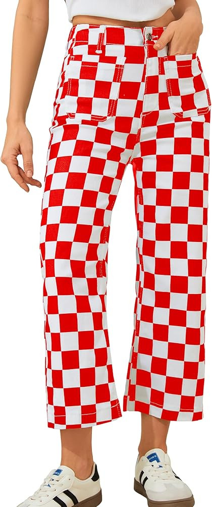 Cropped Jeans for Women Checkered Pants Casual High Waisted Stretchy Straight Leg Trousers with P... | Amazon (US)