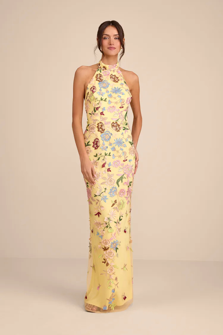Infinite Praise Yellow 3D Floral Embroidered Halter Maxi Dress | Lulus
