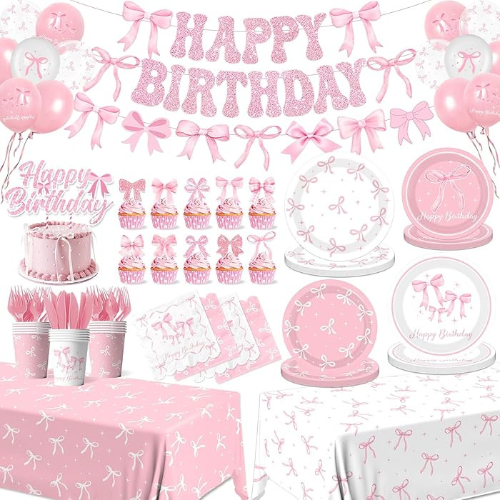 Pink Bow Birthday Party Supplies Serve 24, Coquette Birthday Decorations Include Bow Plates Napki... | Amazon (US)