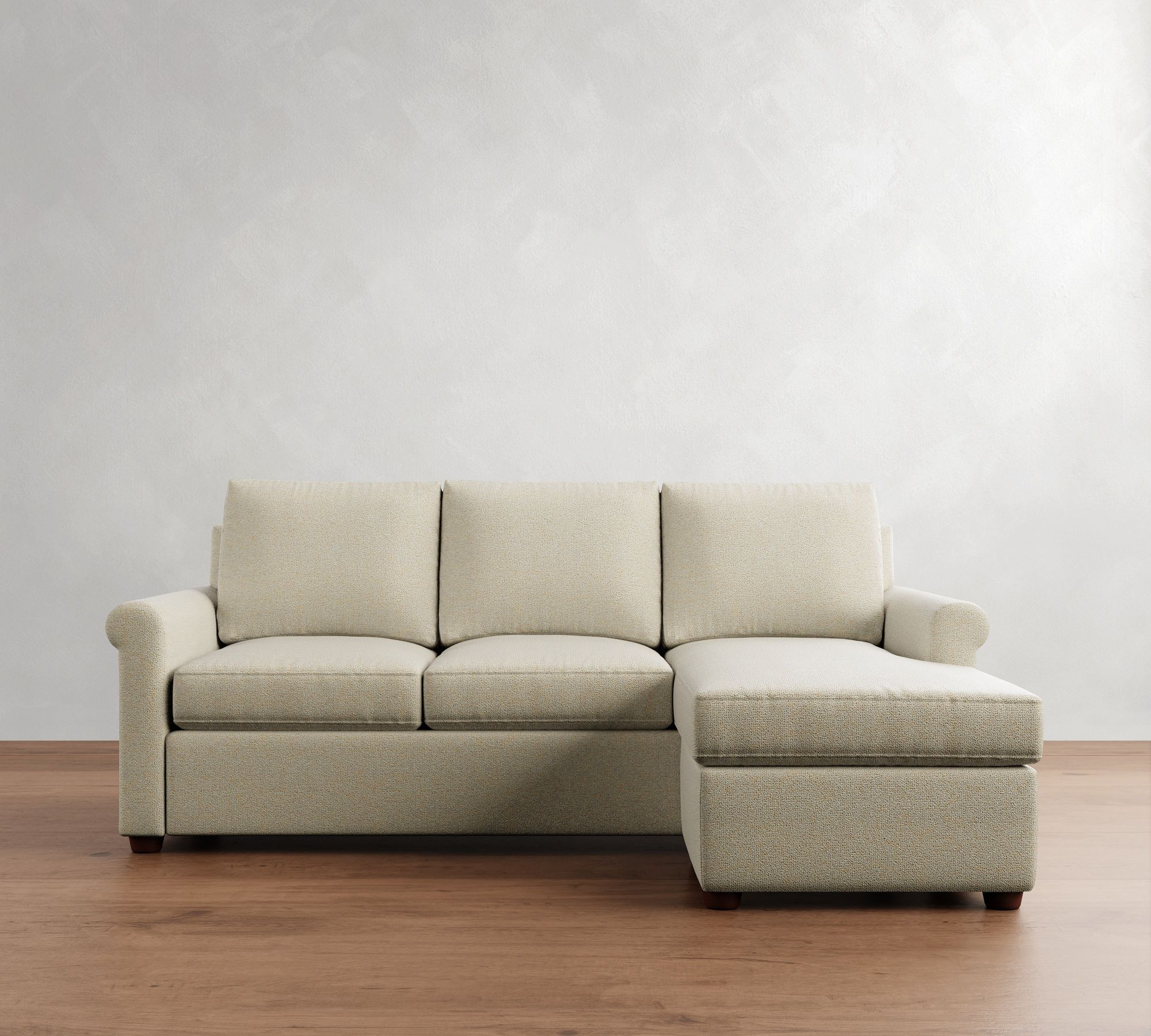 Cameron Modern Roll Arm Upholstered Sleeper Sofa with Reversible Storage Chaise Sectional, Polyester Wrapped Cushions, Performance Boucle Oatmeal | Pottery Barn (US)