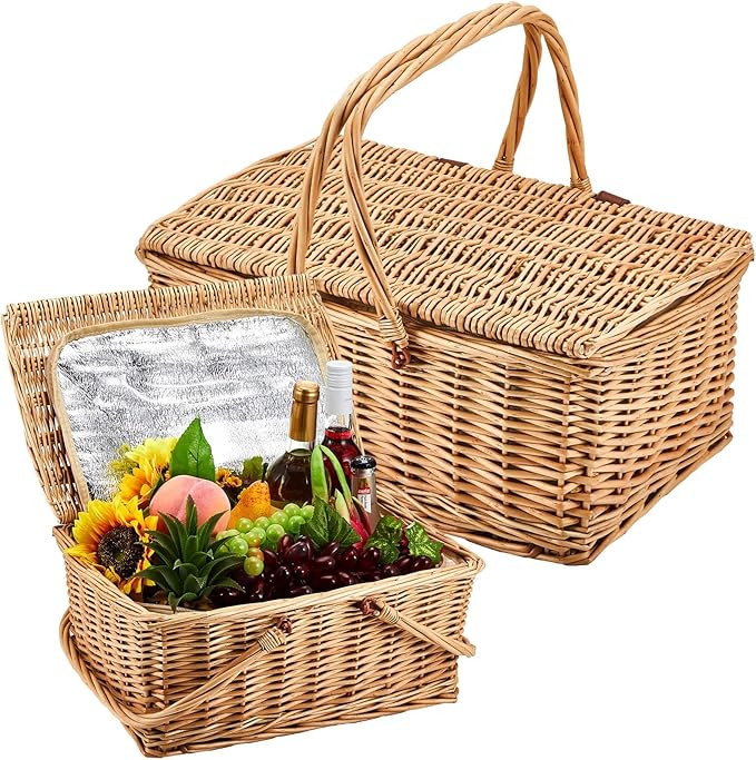 Sintuff 2 Pcs Wicker Picnic Basket with Insulated Cooler Bag Lids Vintage Picnic Hamper with Fold... | Amazon (US)