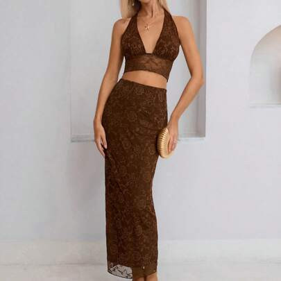 Women's Brown Lace Two-Piece Outfits. Spring/ Summer Essentials. Spring Break Essentials. Festival Clothing. | SHEIN