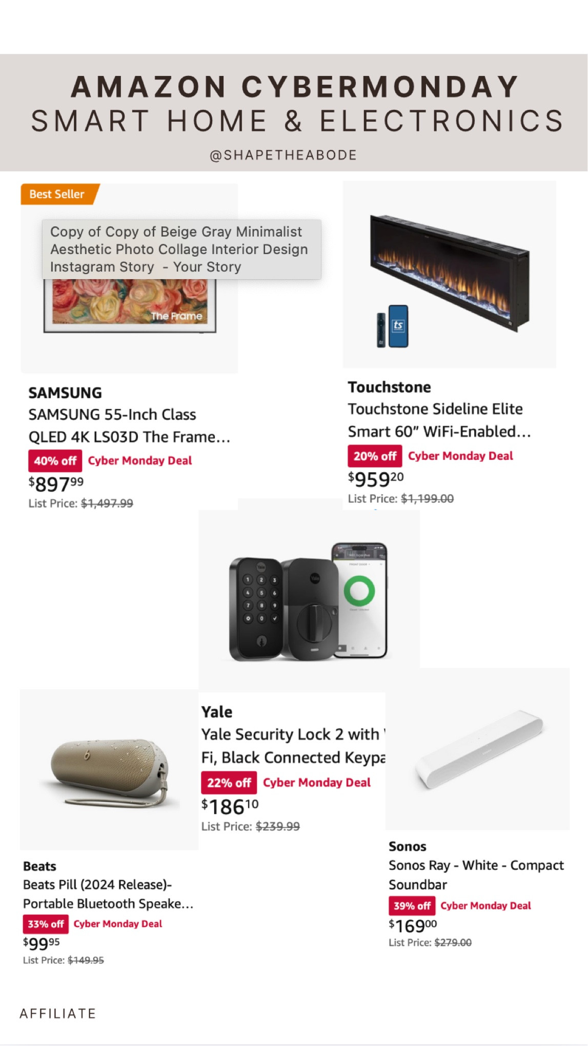 Cyber Monday Amazon sale deals
smart home and electronic deals

Samsung Frame TV, smart fireplace, Yale smart keypad door lock, beats pills portable Bluetooth speaker, Sonos ray soundbar

#frametv #amazonhome #amazonfinds #cybermondaysale 


#LTKSaleAlert #LTKHome #LTKCyberWeek