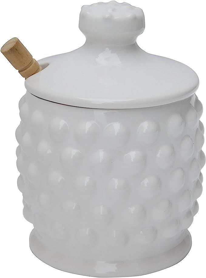 Creative Co-op Ceramic Hobnail Style Honey Jar with Lid & Wood Dipper (Set of 2 Pieces), White | Amazon (US)