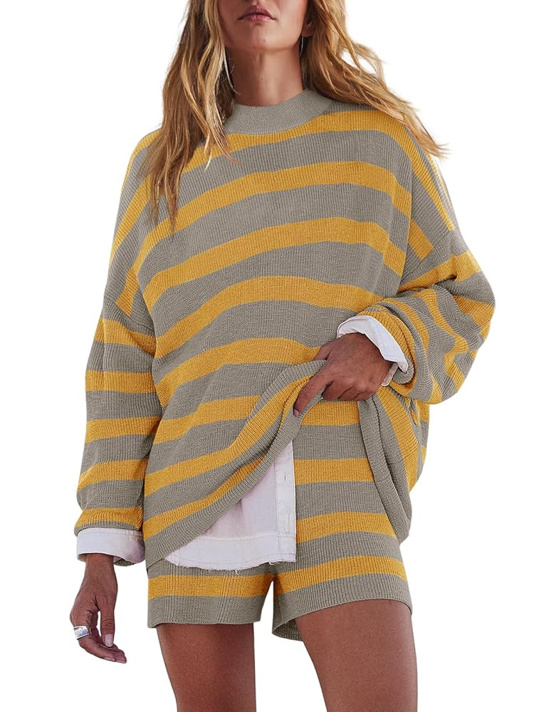 LAMISSCHE Womens Oversized Lounge Sets 2 Piece Outfits Striped Matching Pajama Set Long Sleeve Sw... | Amazon (US)