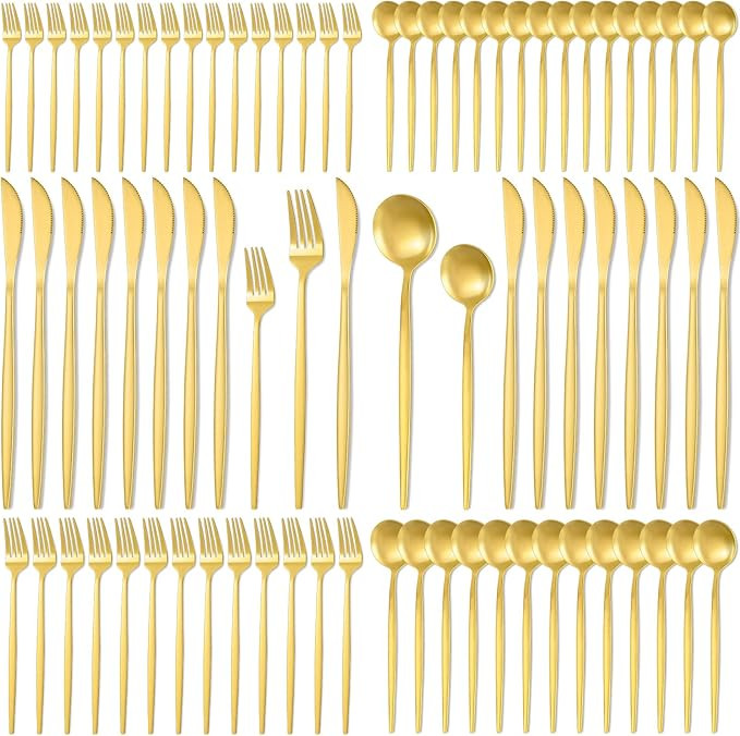 90 Pcs Gold Silverware Set for 18, Food-grade Stainless Steel Flatware Cutlery Set, Mirror Polish... | Amazon (US)