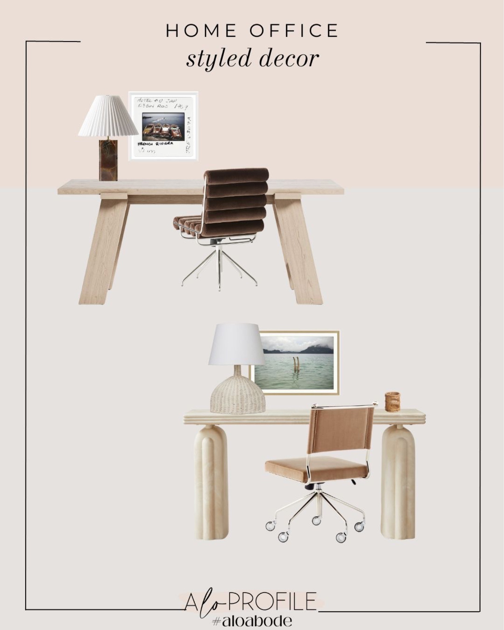 Home Office Decor // neutral desk, parsons desk, desk chair, upholstered desk chair, leather desk chair, modern desk, WFH decor, marble table lamp, pleated table lamp shade, woven table lamp, modern wall art, photography wall art, slim aarons wall art, neutral home decor, wood desk, travertine desk, woven pen holder, desk accessories

#LTKhome