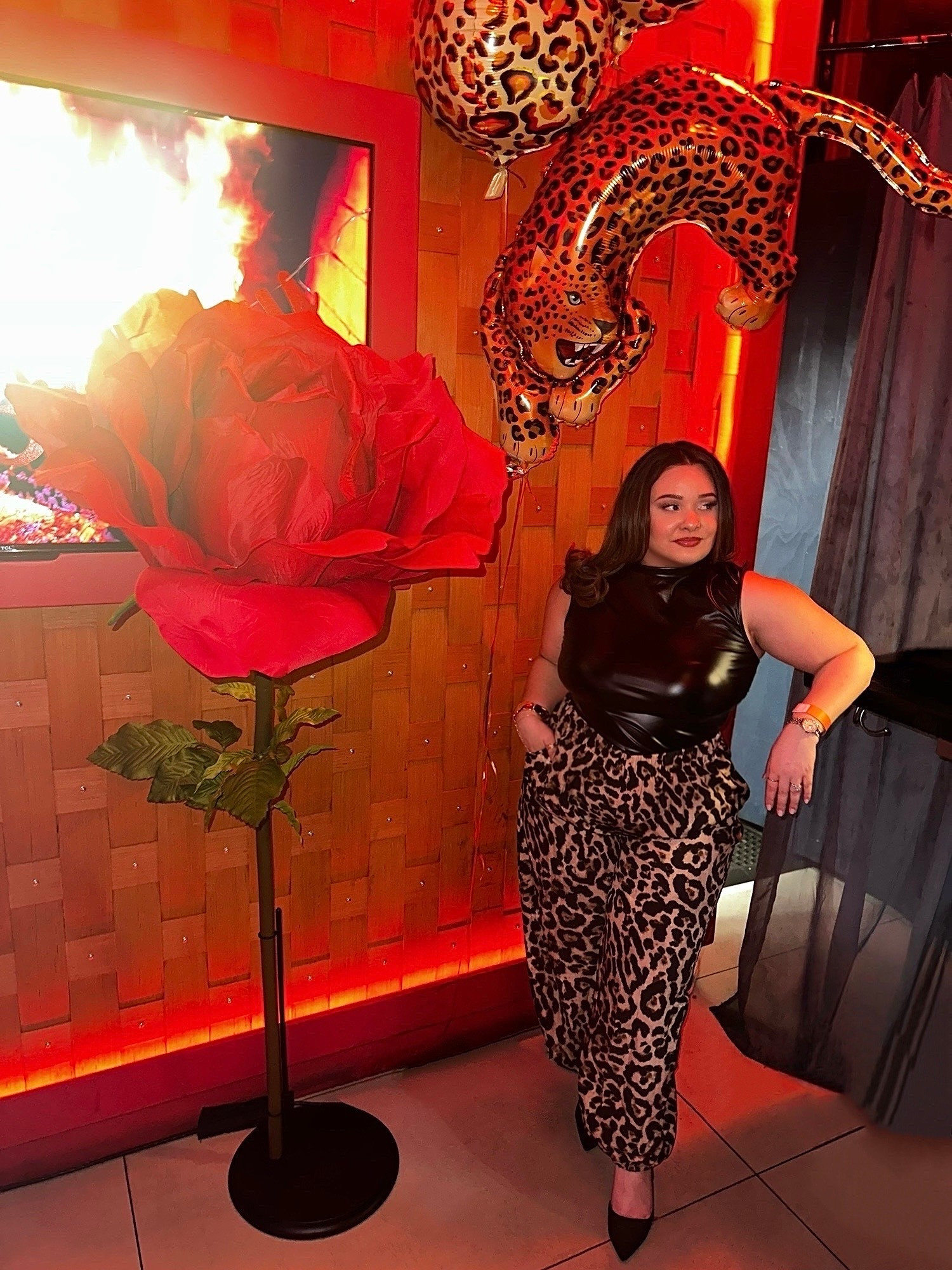 Outfit I wore to celebrate one of my besties 40th birthday. Dress code was- black, red, animal print, fur, leather…sexy and extra af! We love a theme. 🌹🐆🖤
———
Fashionnova Faux Leather Top (found a dupe from Amazon) 
Shein Leopard Tapered Harem Cuffed Pants
Amazon Heels & Jewelry 

#LTKPetite #LTKootd #LTKMidsize