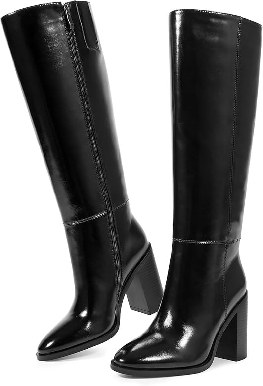 ISNOM Knee High Boots Women Almond Toe Chunky Boots for Women Tall Boots with Full Side Zipper Hi... | Amazon (US)