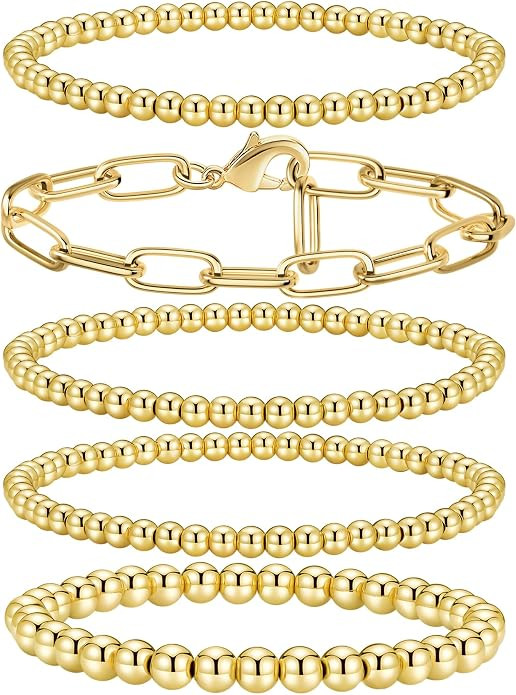Gold Beaded Bracelet for Women 14K Gold Plated Bracelets Gold Stretch Bead Ball Bracelets Hypoall... | Amazon (US)