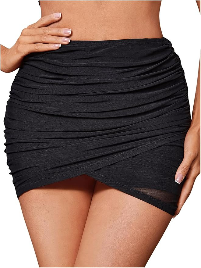 Floerns Women's High Waist Ruched Mesh Wrap Bodycon Skirts Asymmetrical Mini Pencil Skirt | Amazon (US)