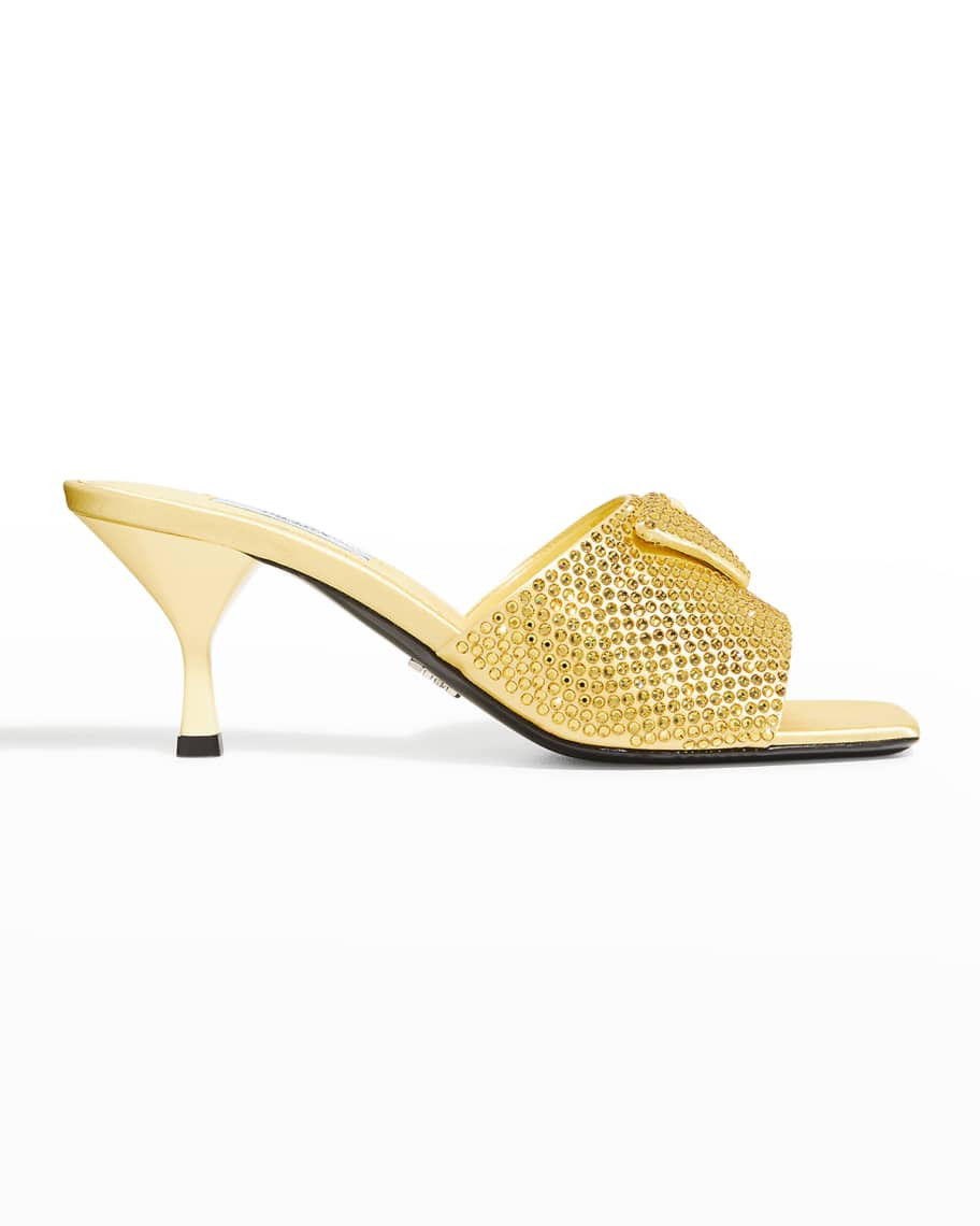 Prada Crystal Logo Kitten-Heel Slide Sandals | Neiman Marcus