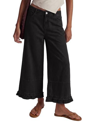 EVALESS Wide Leg Jeans for Women 2026 Casual Mid-Rise Cropped Baggy Jeans Loose Fit Fashion Ruffle Hem Trouser Denim Pants with Pockets Black Size 12 | Amazon (US)