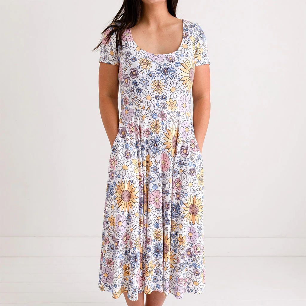 Floral White Women's Midi Flare Dress | Presley Jane | Posh Peanut