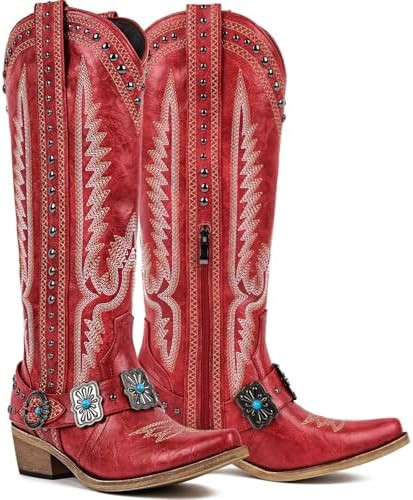 Yolkomo Cowboy Boots for Women Knee High Western Cowgirl Boots with Embroidery Belt Buckle Chains | Amazon (US)