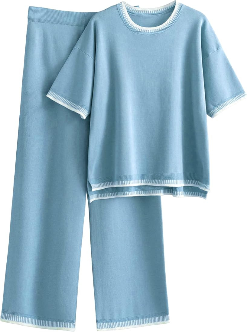Women’s 2 Piece Outfits Short Sleeve Sweater Lounge Sets Knit Pullover Wide Leg Pants Comfy Paj... | Amazon (US)