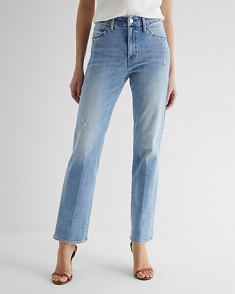 High Waisted Light Wash FlexX Modern Straight Jeans | Express