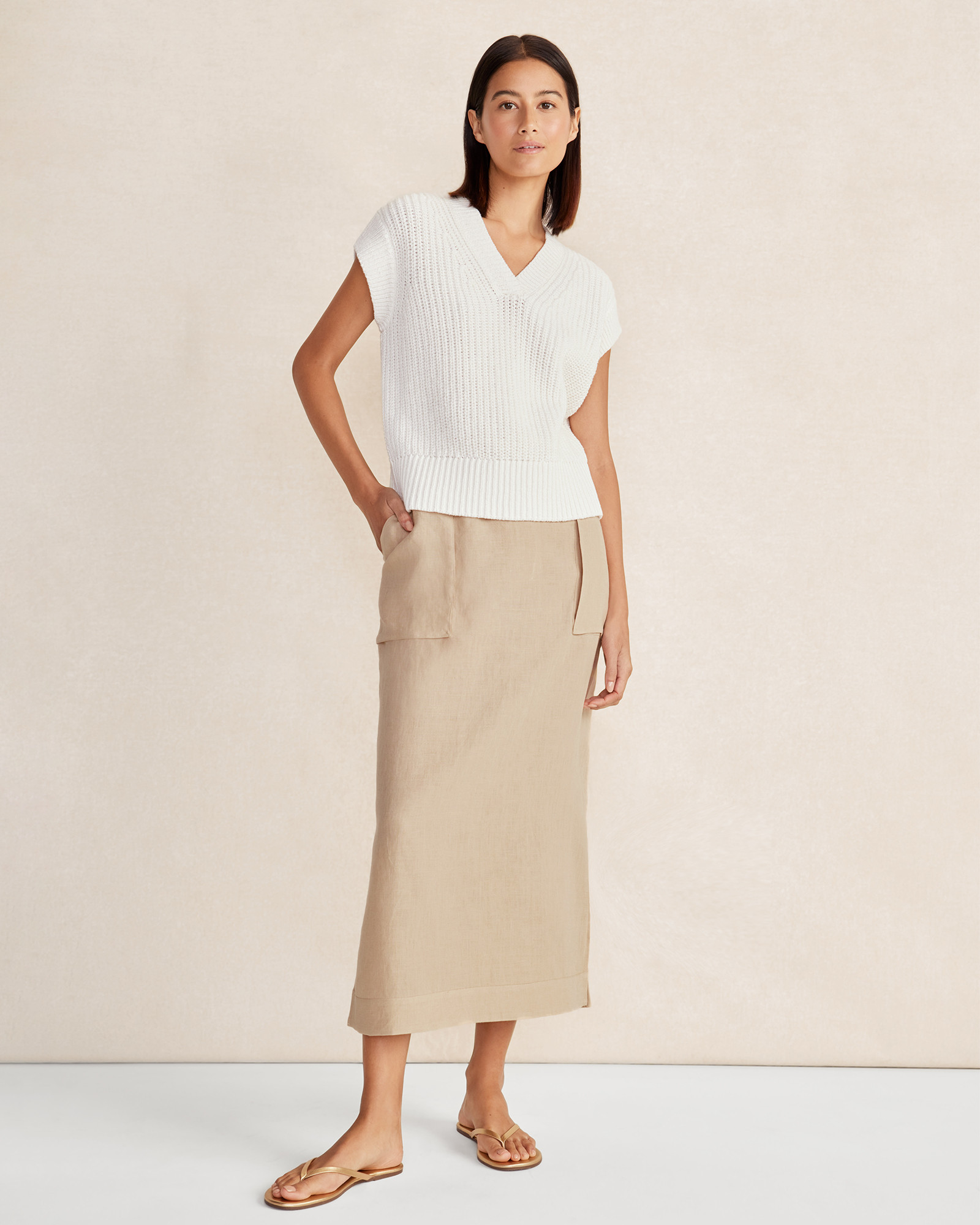 Organic Cotton Linen Shaker Stitch V-Neck Sweater - White - Medium | Haven Well Within