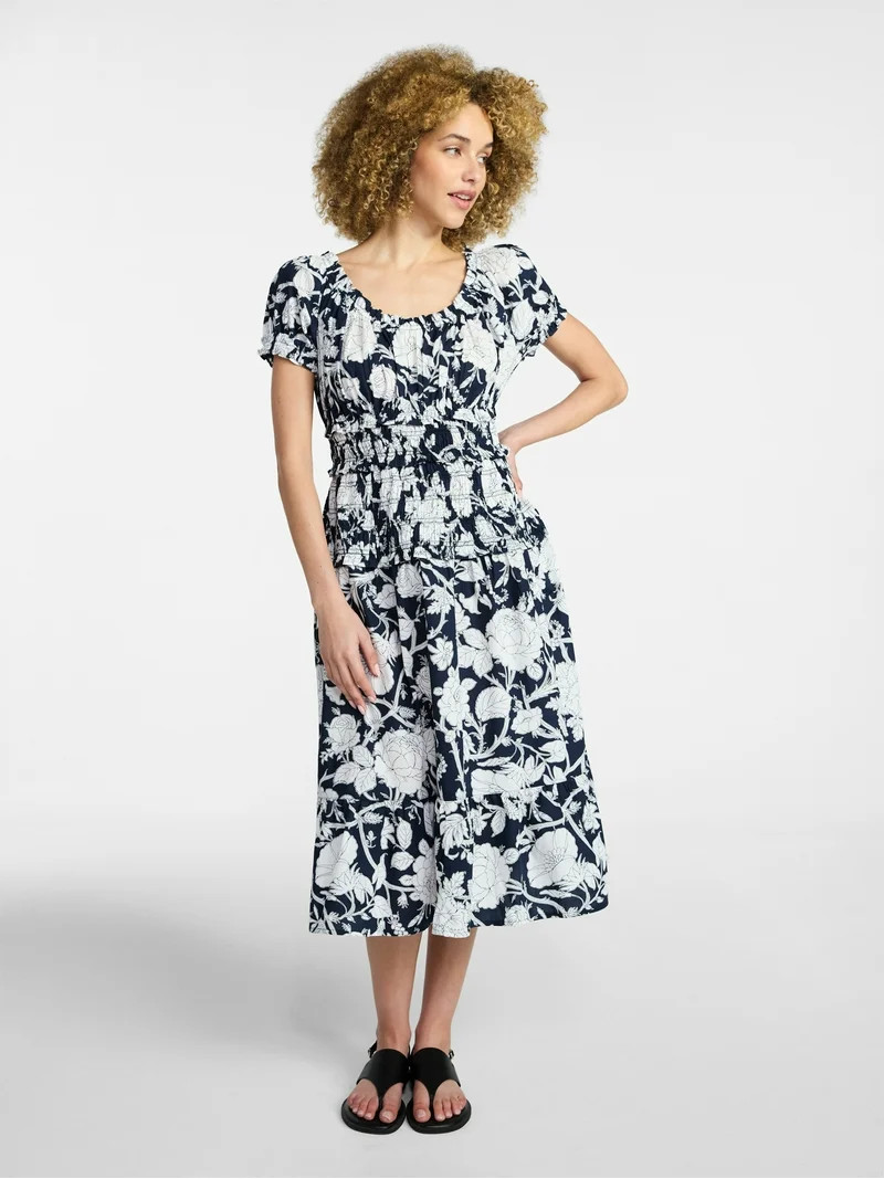 Time and Tru Women's Smocked Cotton Peasant Dress with Short Sleeves, Sizes XS-XXXL | Walmart (US)