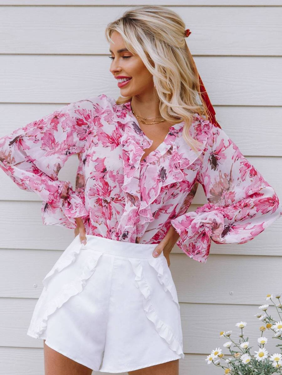 SHEIN VCAY Ruffle Trim Floral Top | SHEIN