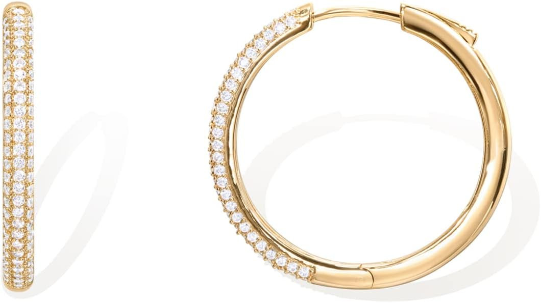 PAVOI 14K Gold Plated 925 Sterling Silver Posts Cubic Zirconia Hoop Earrings for Women | Halo CZ ... | Amazon (US)