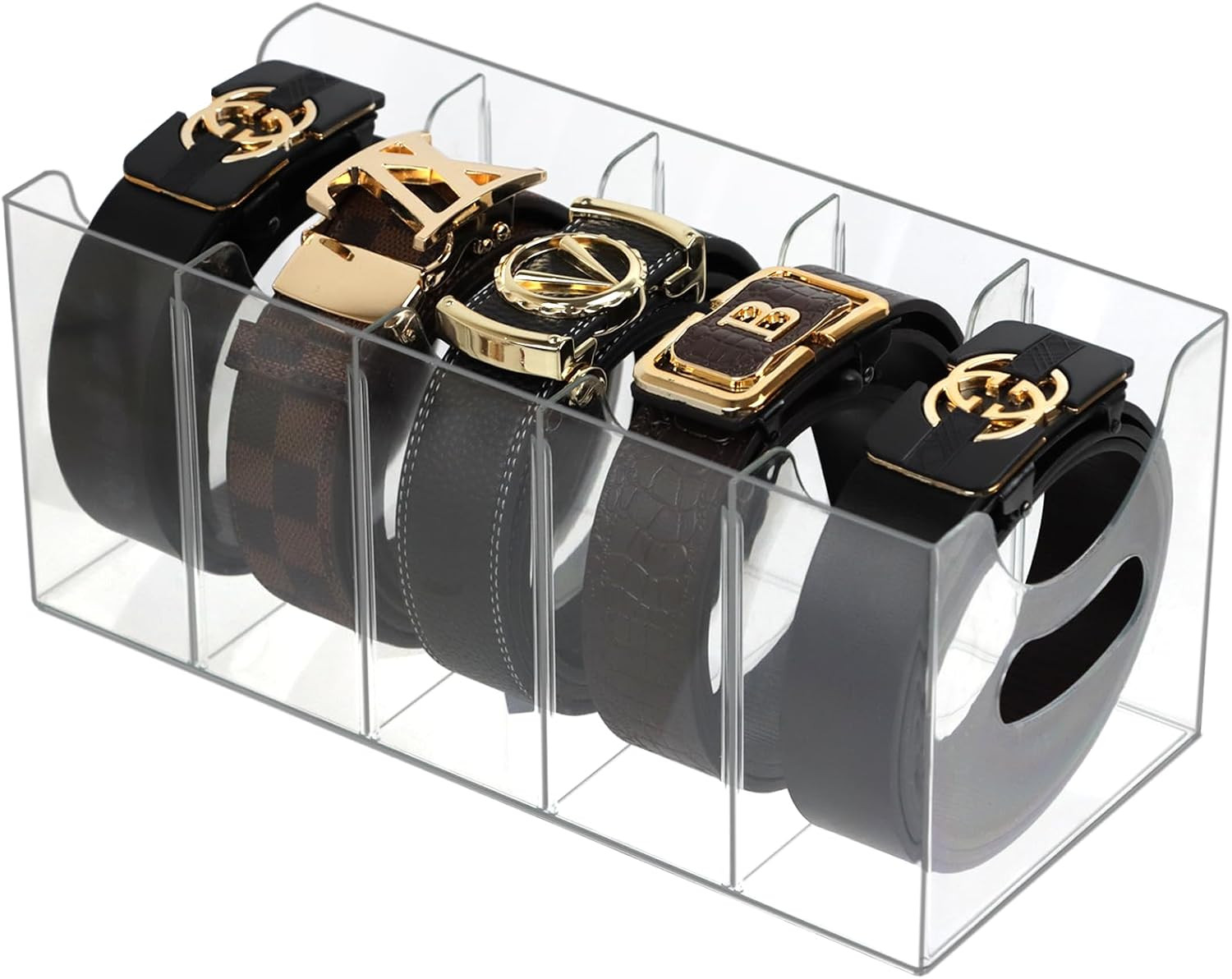 ZEXALOR Acrylic Belt Organizer, Belt Storage Holder Purse Organizer for Closet, 5 Compartments Clear Plastic Display Case Pantry Kitchen Cabinet Organizers and Storage Seasoning Organizer | Amazon (US)