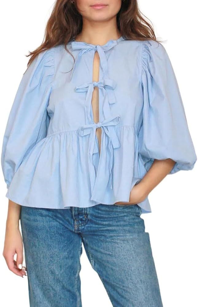Tie Open Front Peplum Blouse for Women Y2k Puff Short Sleeve Ruffle Hem Tops Cute Teen Girl Lace ... | Amazon (US)