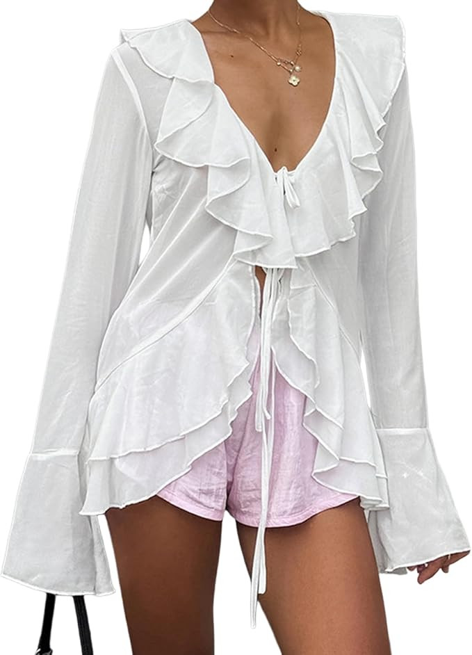 Women's Tie Front Ruffle Blouse Bohemian Bell Sleeve, V Neck Elegant Top Long Sleeve Shirt for Wo... | Amazon (US)