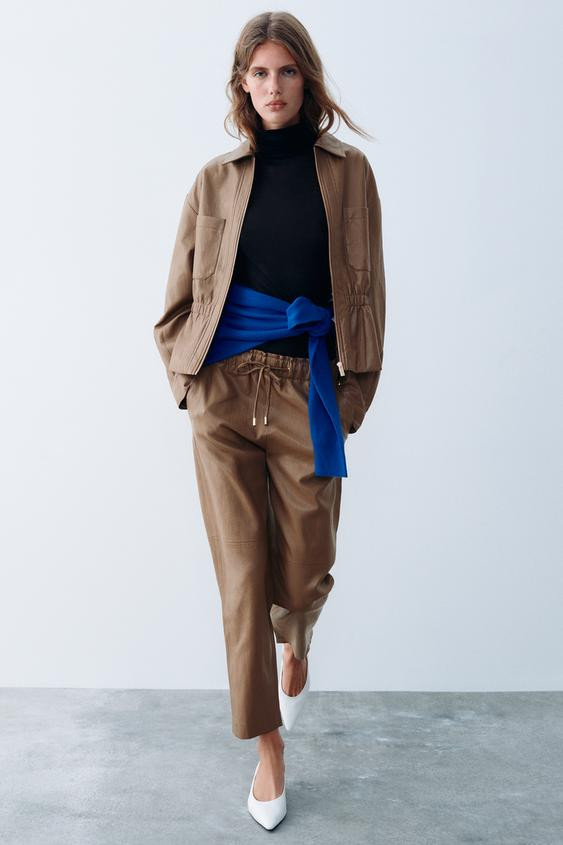 Zara - Leather Effect Suede Trousers With Elastic Waist - Black - S - Woman | Zara UK