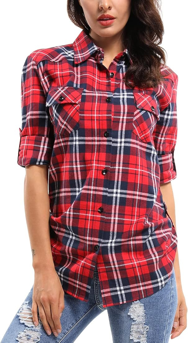 OCHENTA Plaid Flannel Shirts for Women Long Sleeve Button Down Christmas Fall Jacket | Amazon (US)