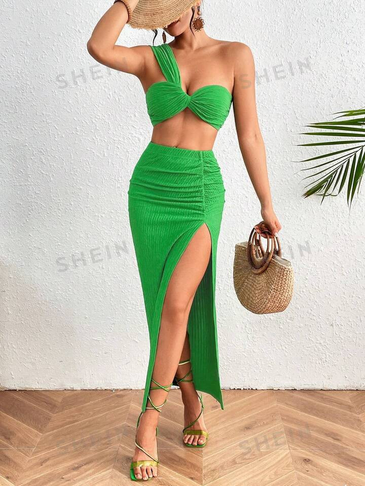 SHEIN VCAY Women's One-Shoulder Crop Top With Twist Front And High-Slit Hem Skirt Set | SHEIN