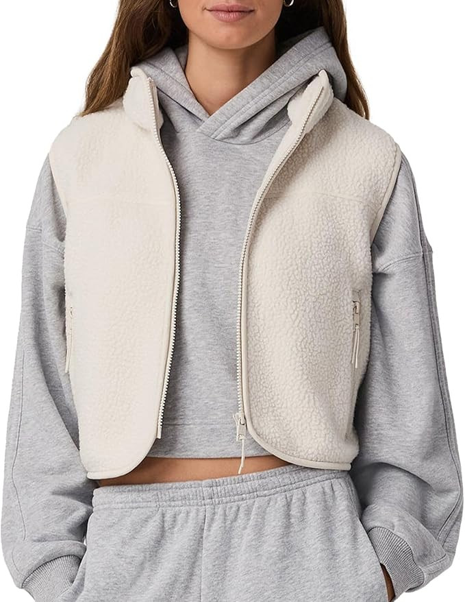 Cropped Fleece Vest Women Sleeveless Stand Collar Zip Up Sherpa Jacket Fall Winter Warm Coats Out... | Amazon (US)