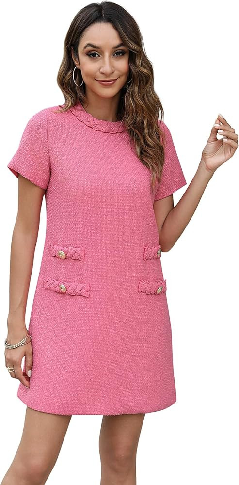 LifeShe Women's Tweed Jackie Dress Elegant Casual A-line Crew Neck Short Sleeve Bodycon Business ... | Amazon (US)