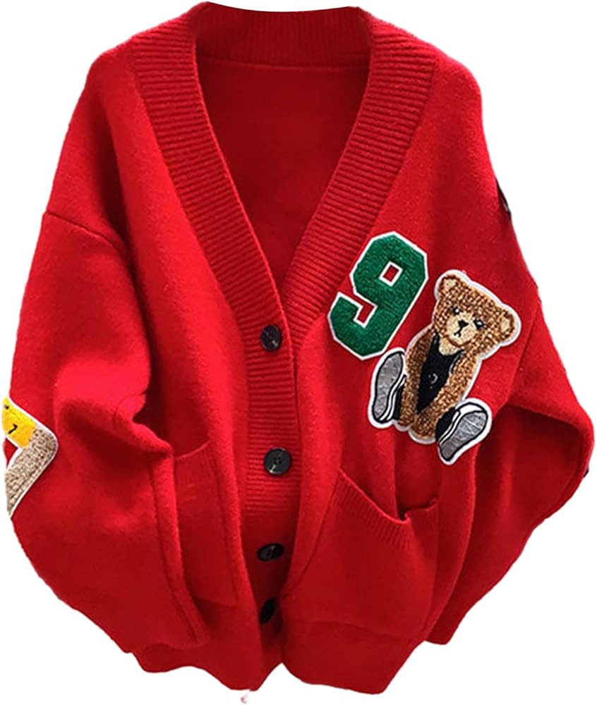 Sweaters,Womens Knitted Cardigans Cartoon Sweater Button Down V-Neck Solid Color Outerwear Tops C... | Amazon (US)
