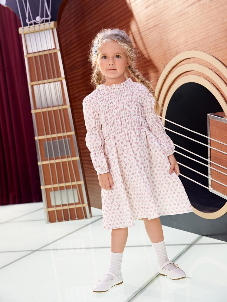 SHEIN Toddler Girls Ditsy Floral Shirred Gathered Sleeve Ruffle Neck Dress | SHEIN