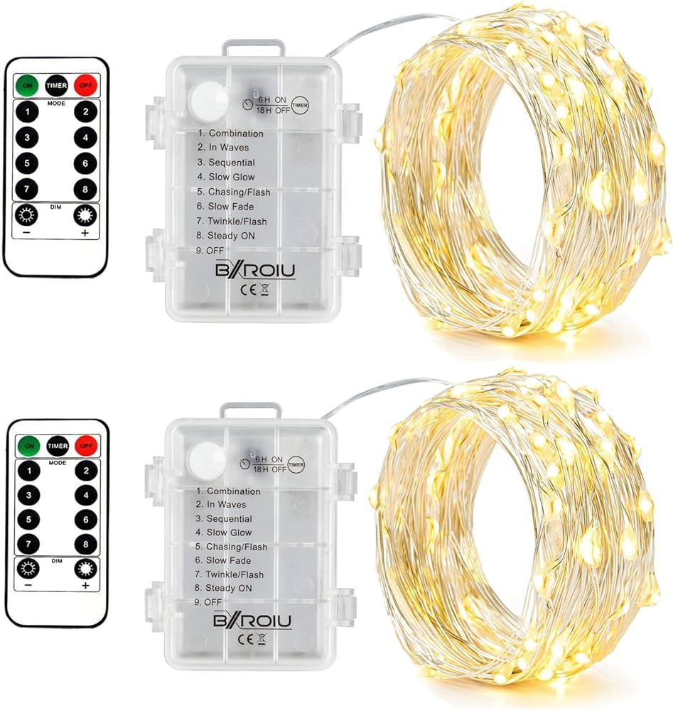 2 x Fairy Lights Battery Operated,Silver Wire Chains 8 Mode 16Ft/5Meter 50 LEDs Timer String Ligh... | Amazon (US)