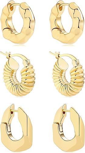 SLOONG 3 Pairs 14k Gold Plated Ball U Shape Pin Y2K Style Chunky Earring Link Chain Chunky Circle... | Amazon (US)