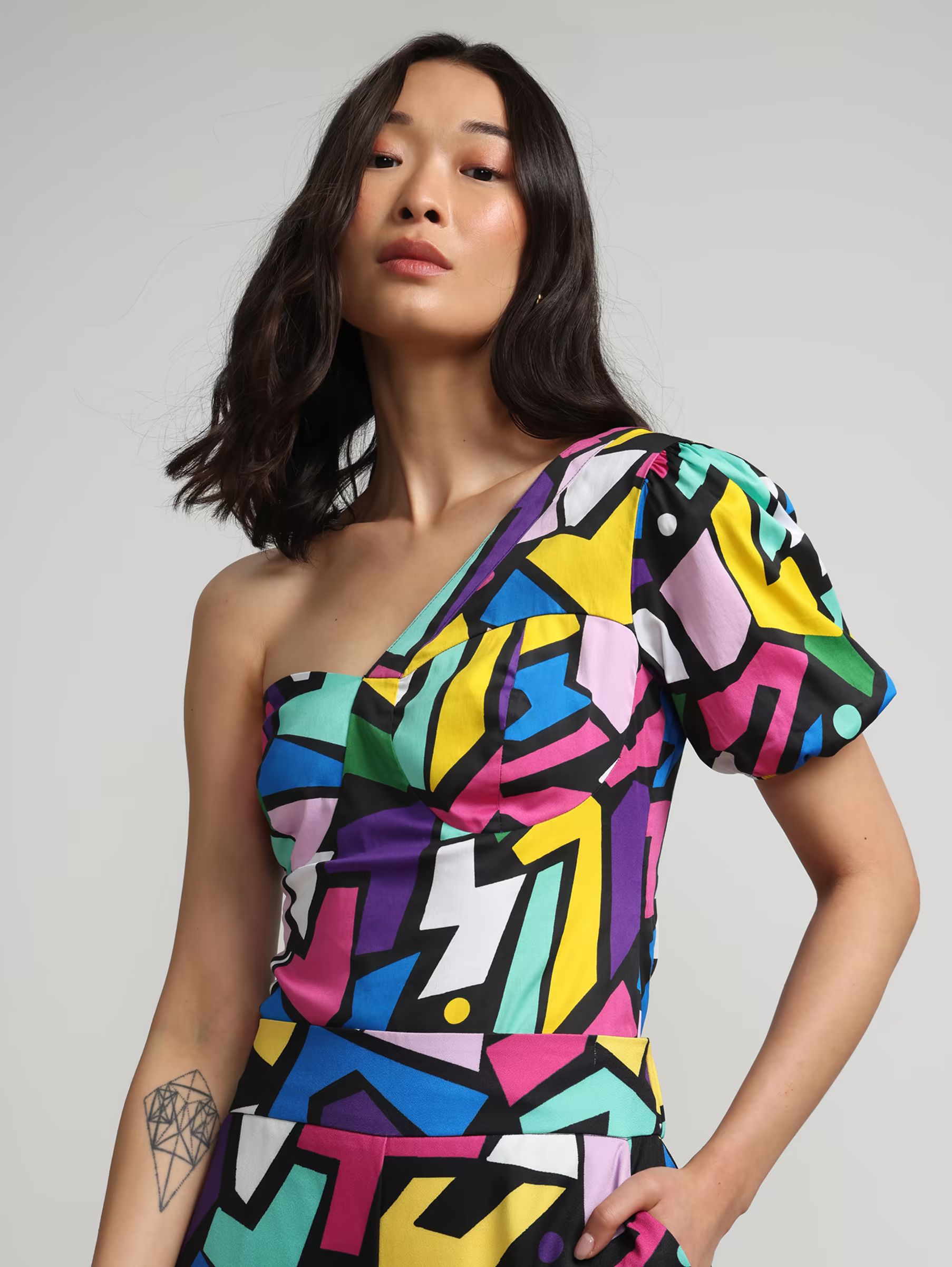 Abstract-Print One-Shoulder Poplin Top | New York & Company
