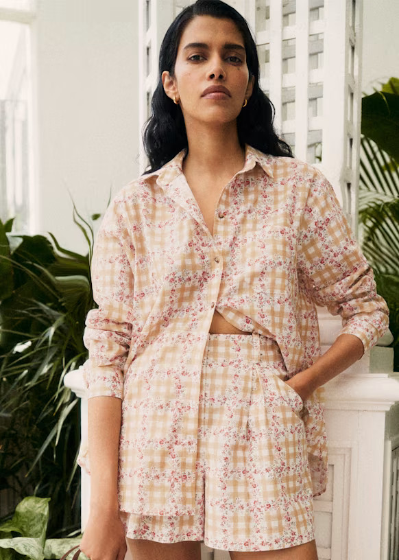 Tommaso Shorts - Sézane x Andion - Beige Gingham and Floral Print - Linen - Sézane | Sezane Paris - US