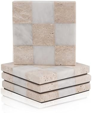 EarthenTones Marble Coasters Set of 4, 4" Travertine & White Desk Coasters for Drinks, Handmade S... | Amazon (US)