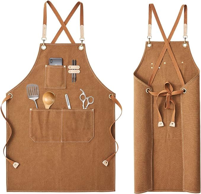 JELBOLIN Chef Apron for Men Women, with Large Pockets and Cross Back Design, Cotton Canvas Heavy ... | Amazon (US)