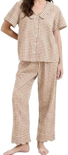 Wyeysyt Womens Gingham Pajama Set Cotton 2 Piece Plaid Scalloped Edge Shirt Top Pants Sleepwear | Amazon (US)