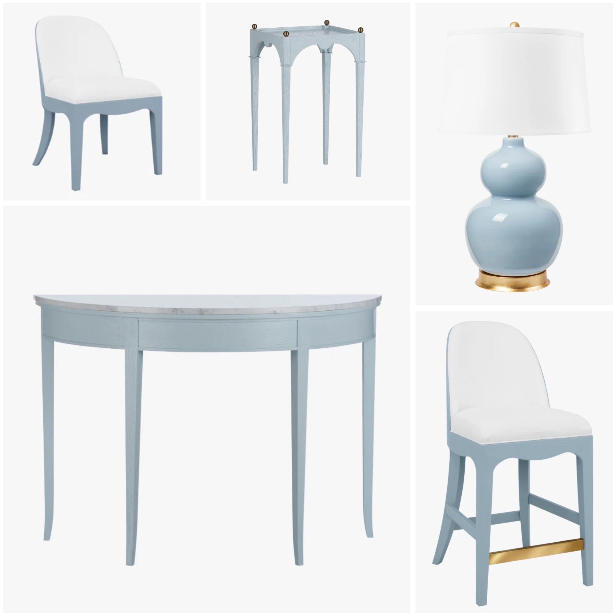 New coastal blue finds 💙 spring refresh spring decor blue counter stool blue and gold lamp demilune table blue dining chair coastal decor 