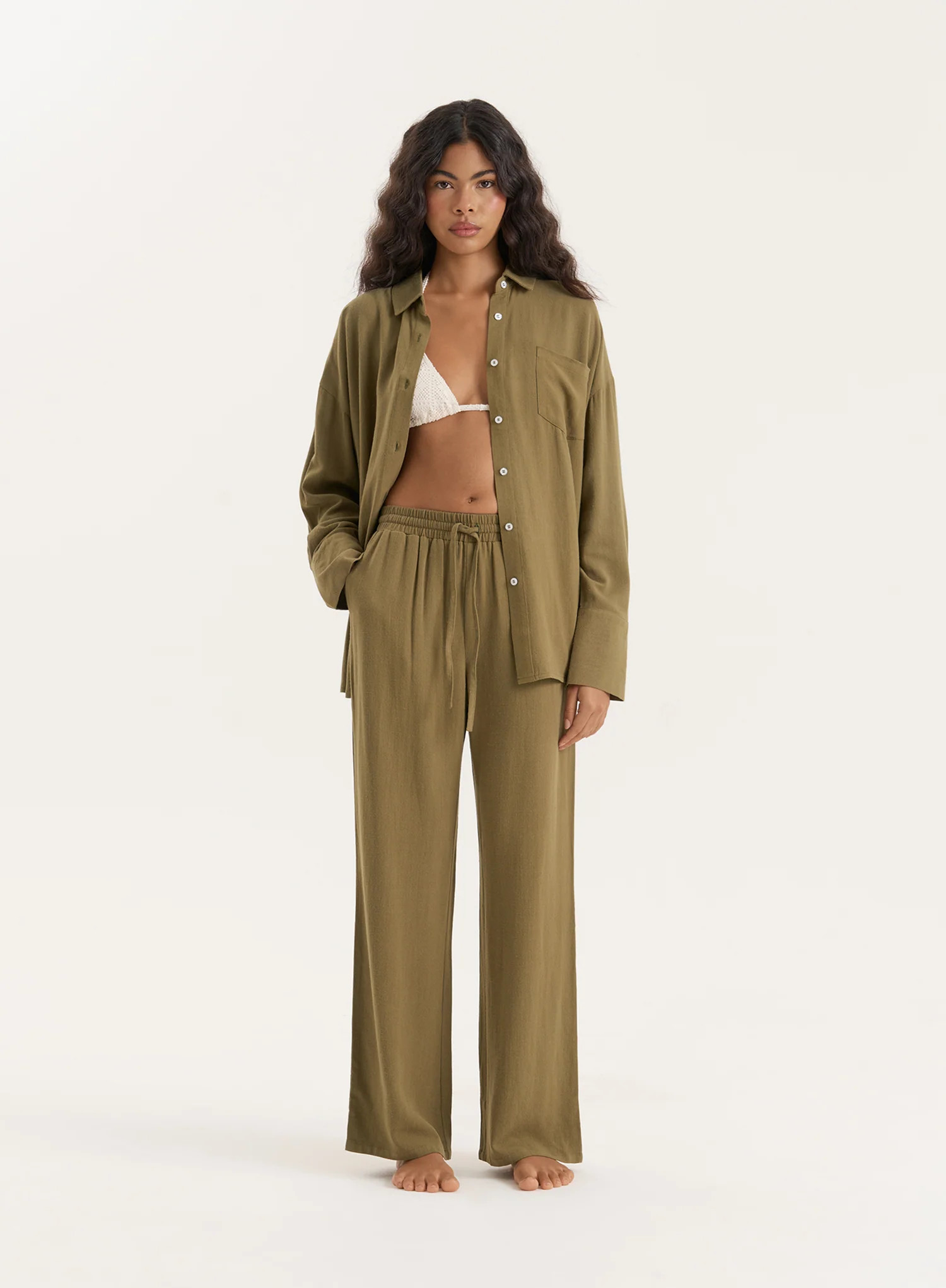 Olive Linen Blend Wide Leg Trouser- Anna | 4th & Reckless