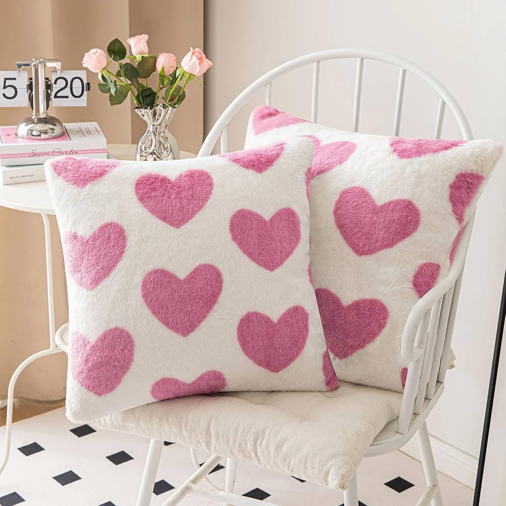 AQOTHES Set of 2 Valentines Day Heart Love Cute Pink Throw Pillow Covers 18x18, Faux Fur Pillow C... | Amazon (US)