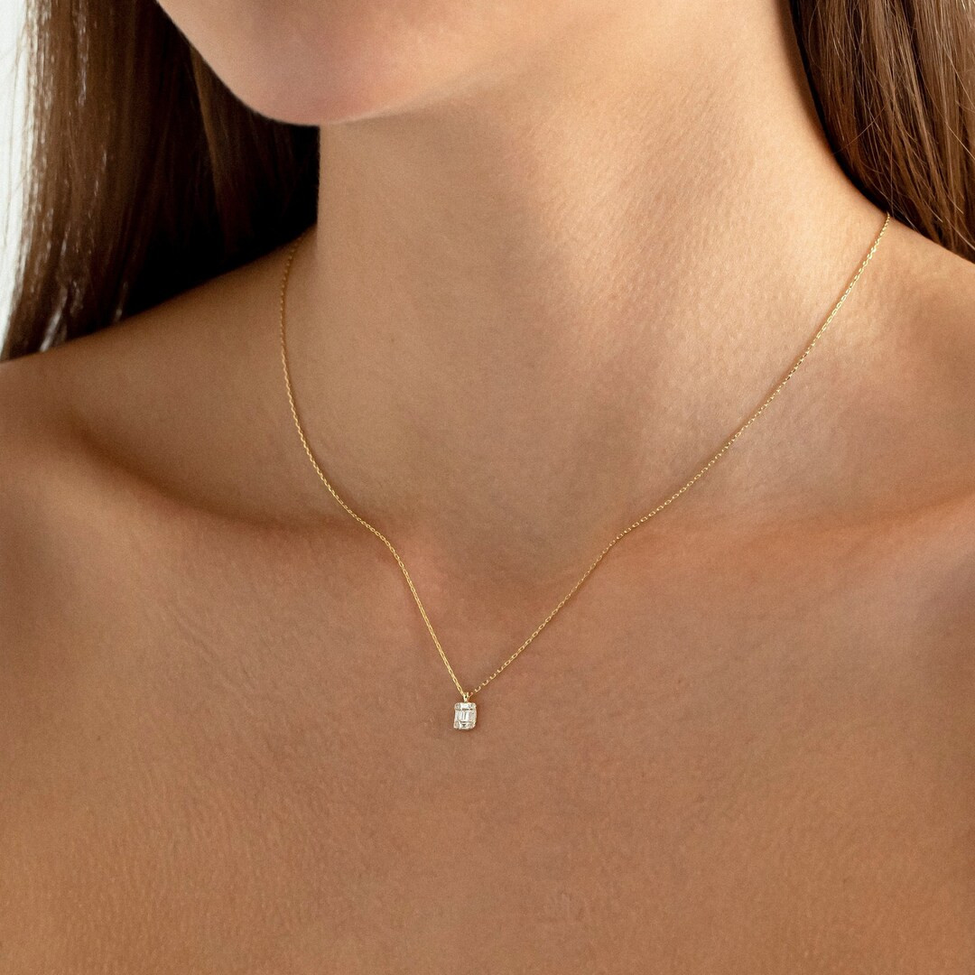 0.16 CT Diamond Baguette Cut Necklace for Women by Moora Diamond | 14k Real Solid Gold | Square D... | Etsy (US)
